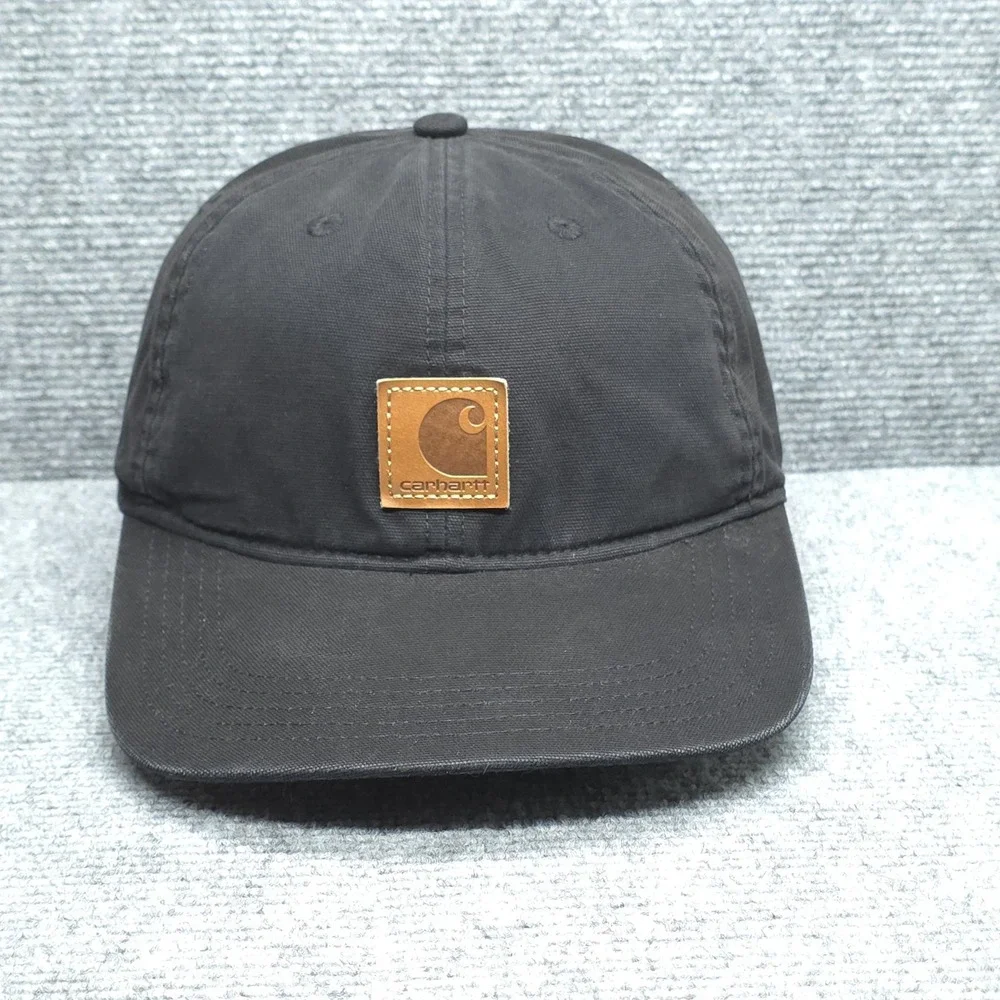 Carhartt Hat Cap Strap Back Mens Black Canvas Leather Patch Workwear One Size